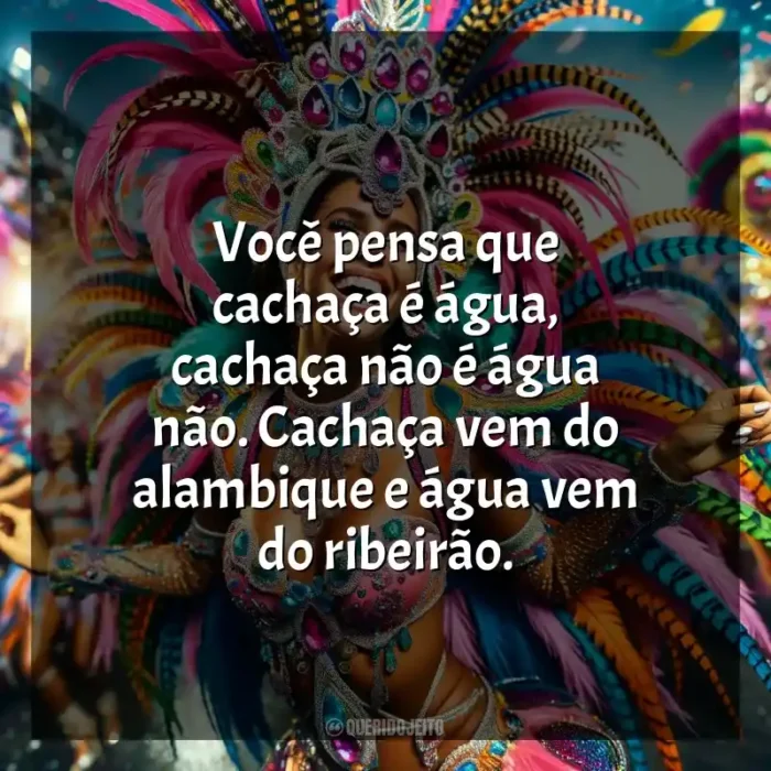 Frases de Marchinhas de Carnaval: Você pensa que cachaça é água, cachaça não é água não. Cachaça vem do alambique e água vem do ribeirão.